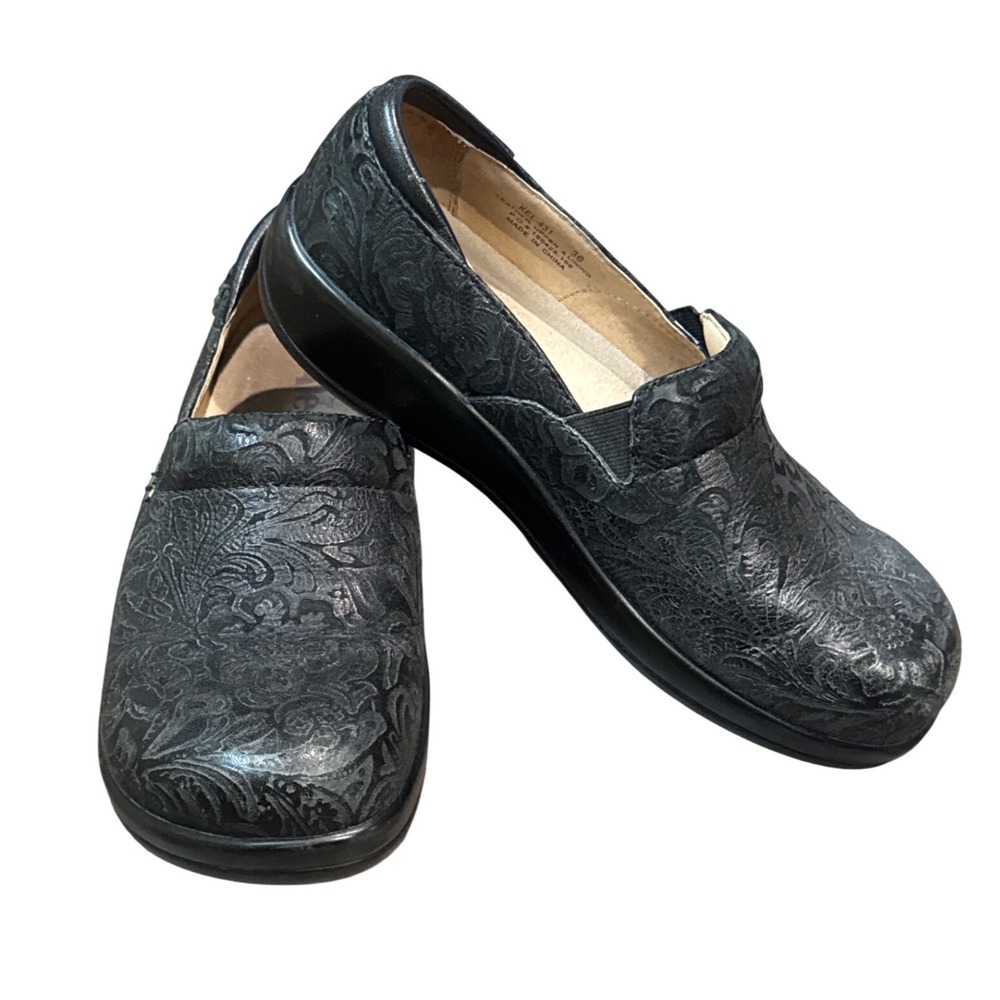 Alegria KEL-431 Black Embossed Floral Leather Slip On Shoes Women Size 36